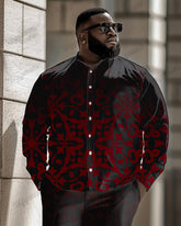 Vintage Gradient Jacquard Pattern Long Sleeve Lapel Shirt 2 Piece Set Men's Plus Size